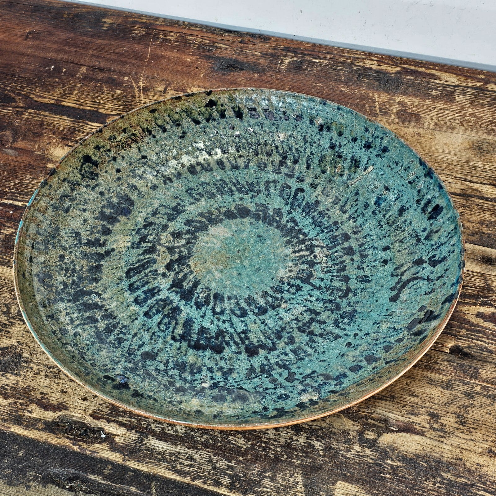 Studio Art Pottery Signed Shallow Dish Turquoise Starburst Glazed Plate 12.5"