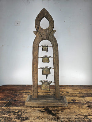 Four Burmese Hka-Lauk Water Buffalo Bells on Wooden Stand 23"H