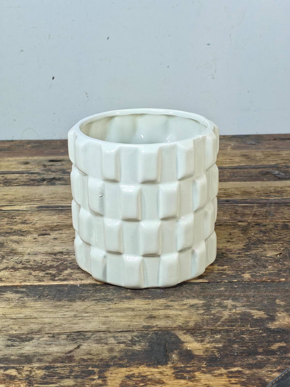 White Geometric Ceramic Planter 5.5" — Modern Cube Relief Design Pot