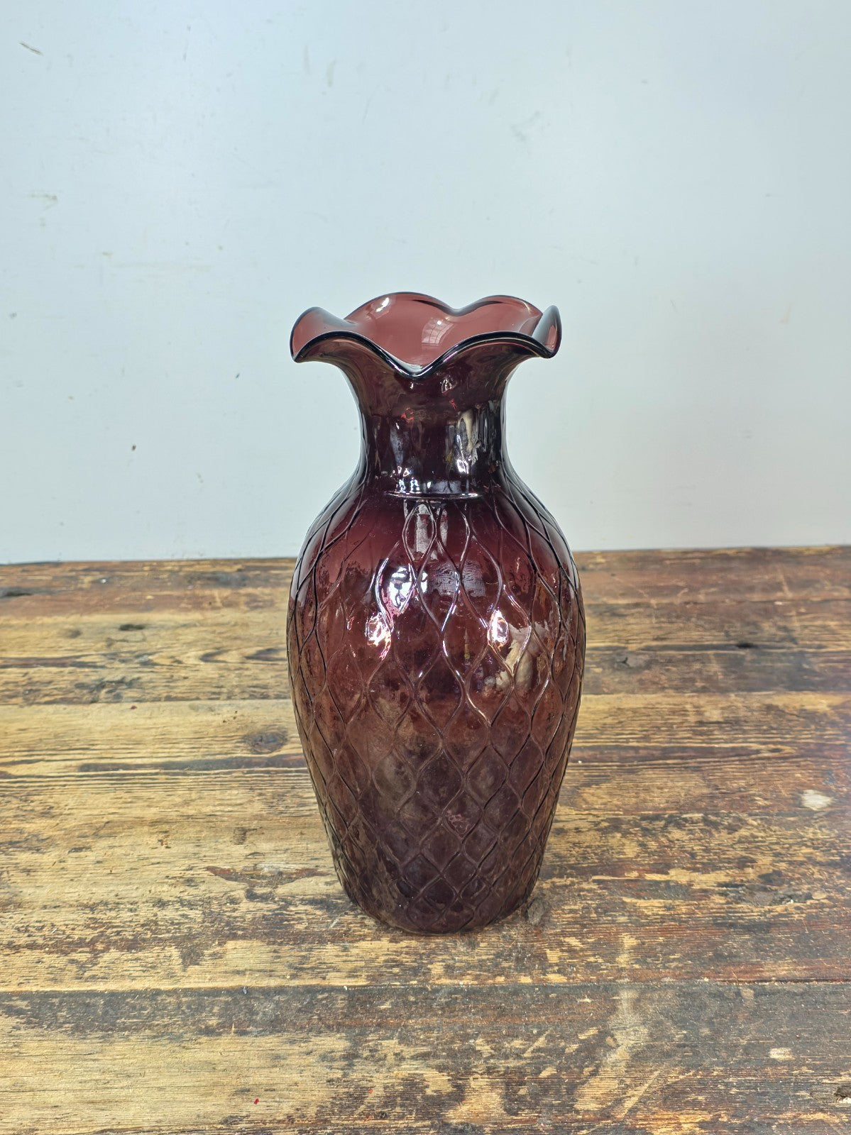 Mid-Century Amethyst Diamond Optic Glass Vase 12.5" — Empoli Style Hand-Blown