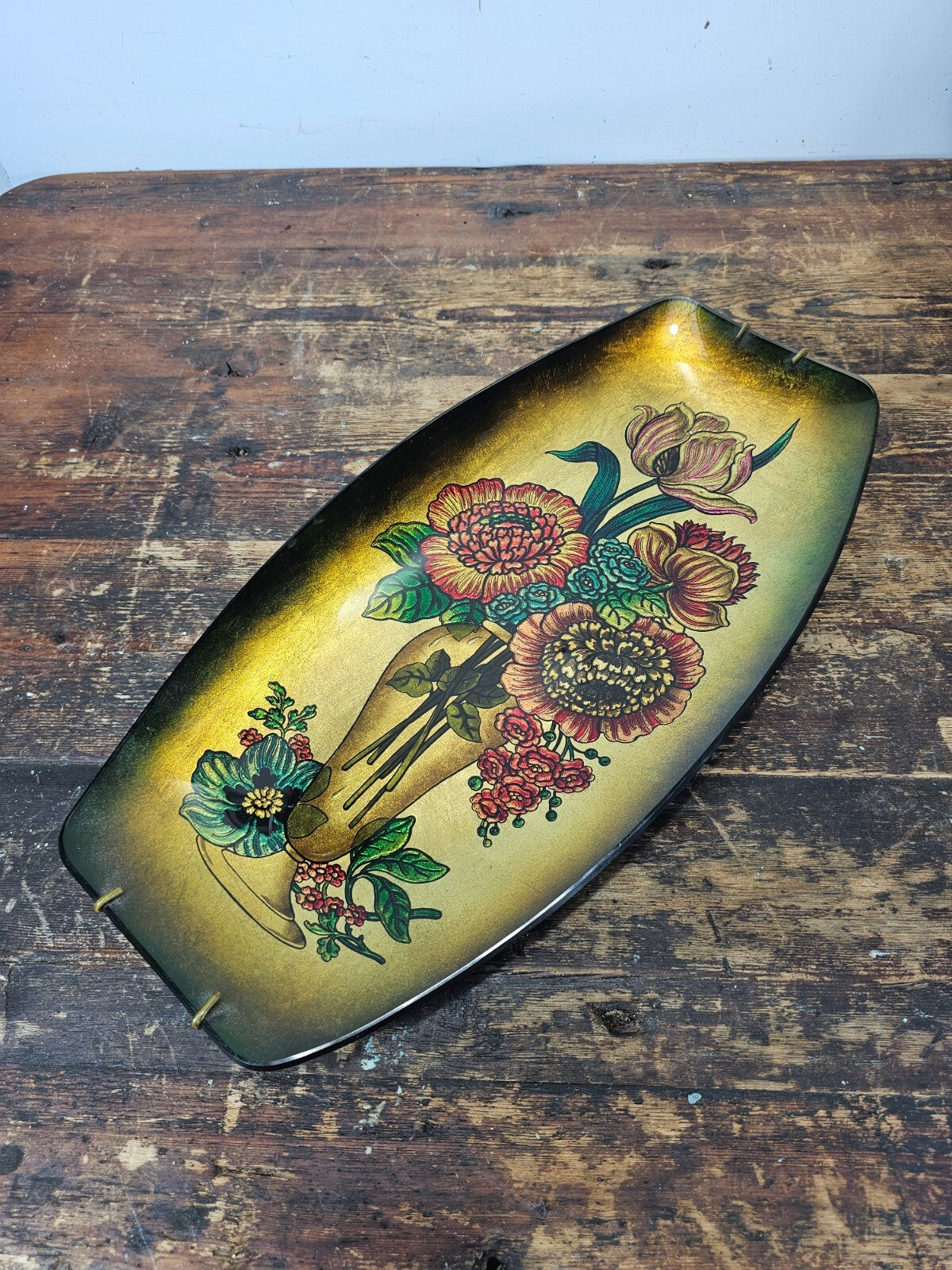 Vintage Reverse Paint  Decorative Plate Floral Design 1950s 18.5" x 9.5" x 1.5"