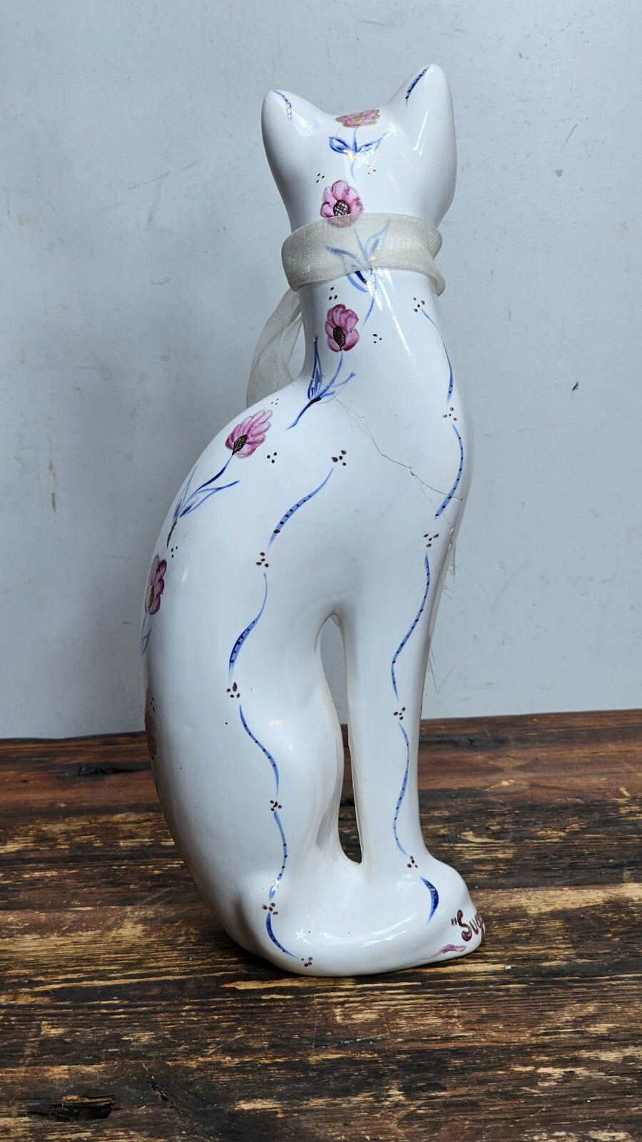 Vintage Porcelain Cat Figurine Hand-Painted Floral Signed 12" H (Has Damages)