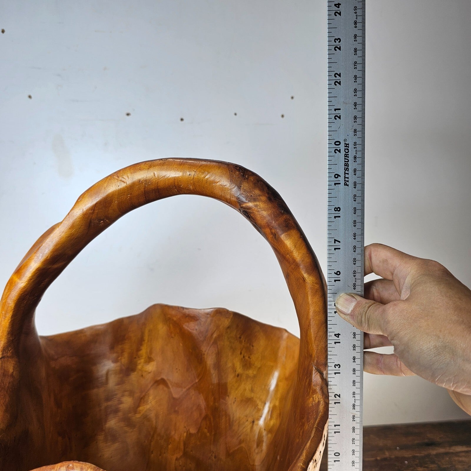 Large Wood Burl Root Hand Carved Bowl Basket with Handle 13.5" x 13.5" x 19.5"H