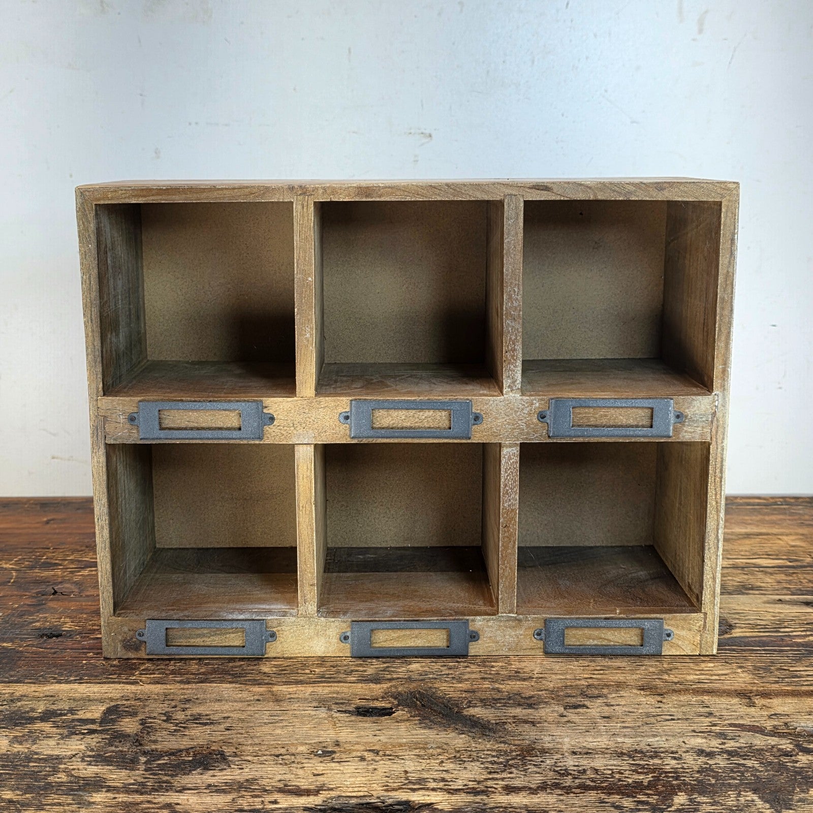 Rustic Wood 6-Cubby Wall Shelf / Desktop Organizer with Metal Label Holders