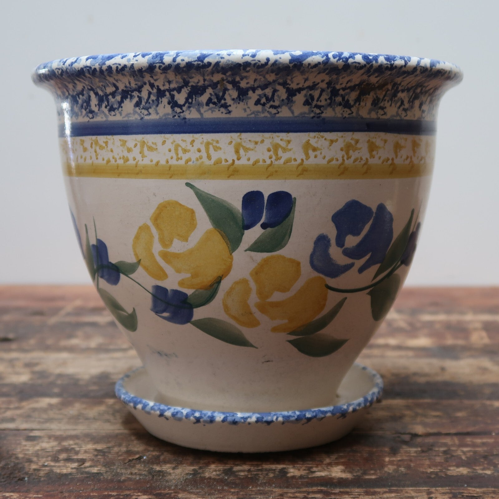 Porcelain Pot Attached Saucer Blue Yellow White Floral 9" x 9" x H 8"