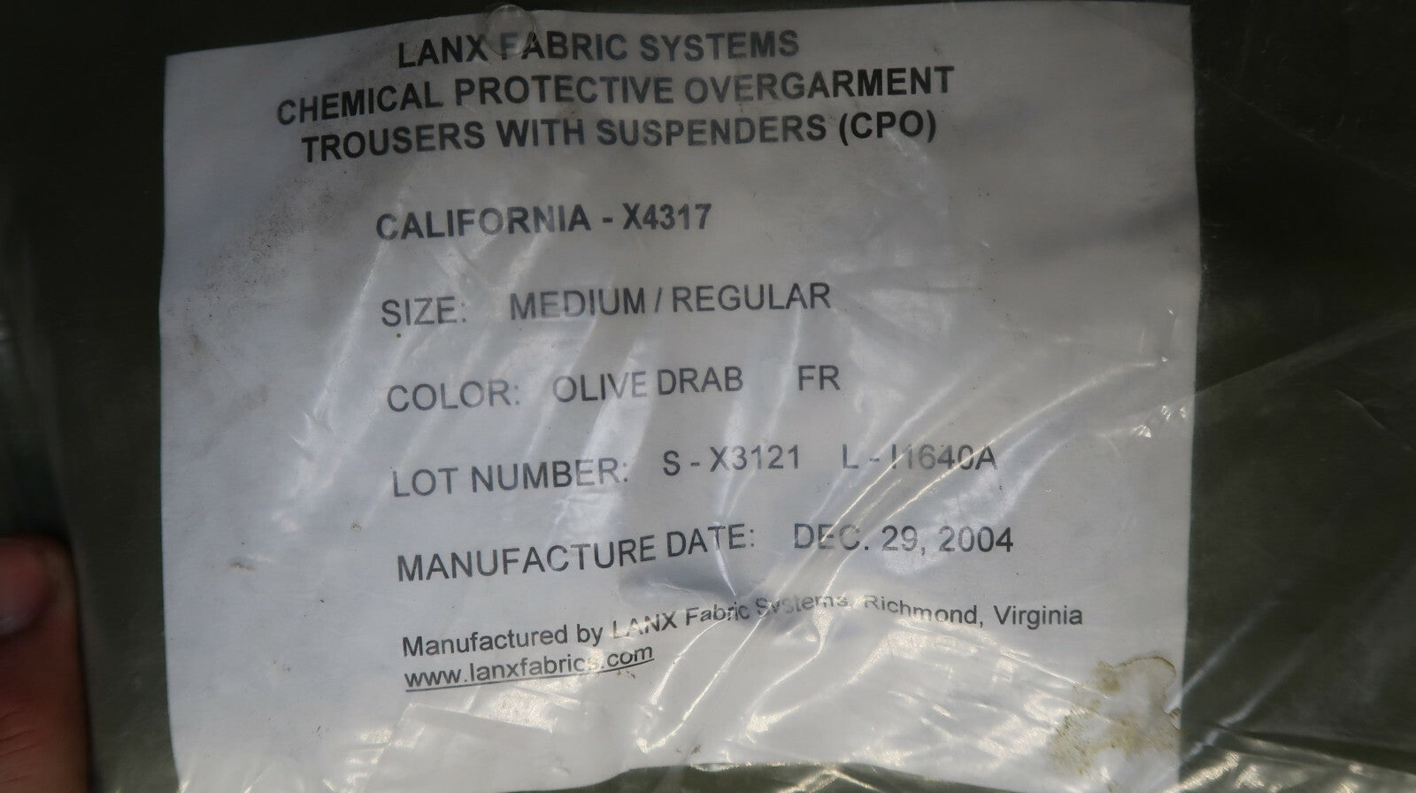 LANX CHEMICAL PROTECTIVE OVERGARMENT TROUSERS W/SUSPENDERS (CPO)  MEDIUM REGULAR