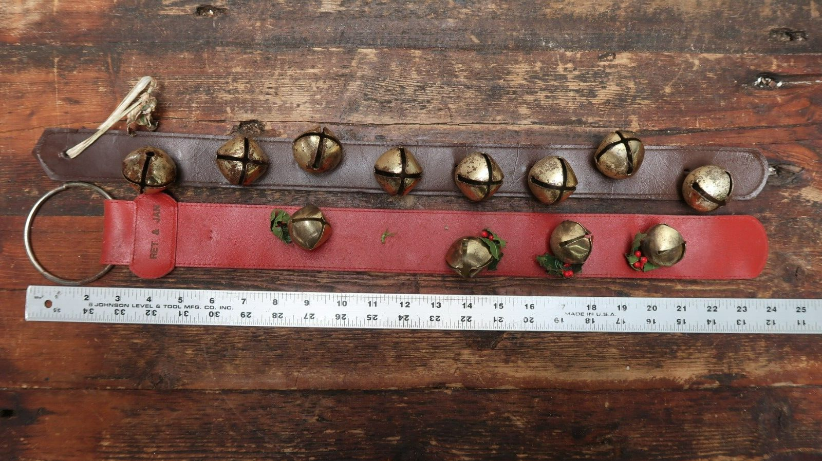 Set of 2 Leather Strap Sleigh Bells L 21.5" & L 23.5"