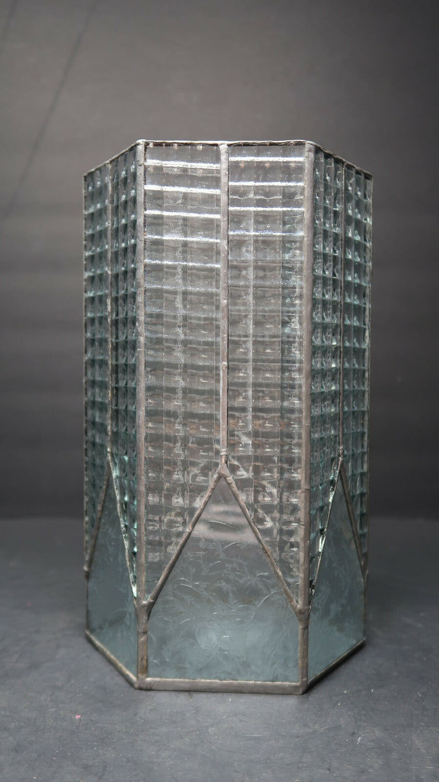 Vintage Leaded Glass Hexagonal Pillar Candle Hurricane Lamp H 10"
