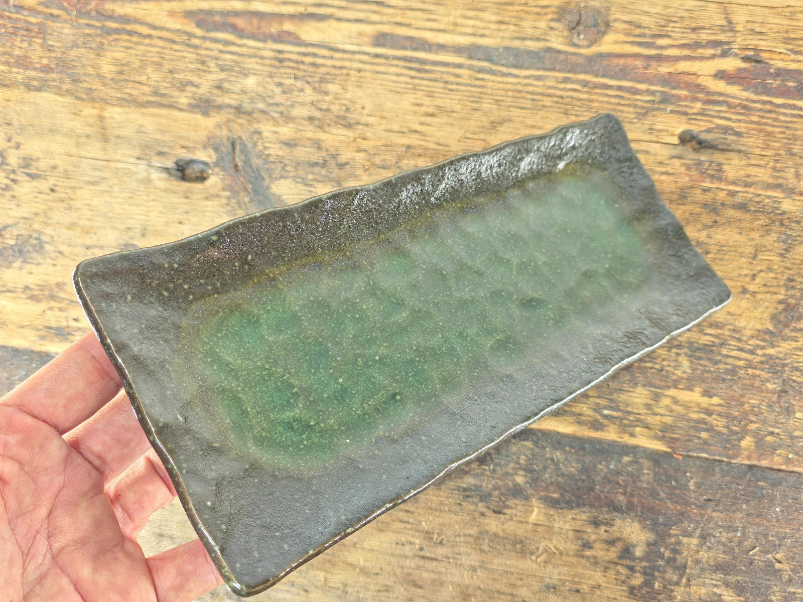 Japanese Mino Ware Rectangular Sushi Plate Green Brown Glaze 11.25" Japan