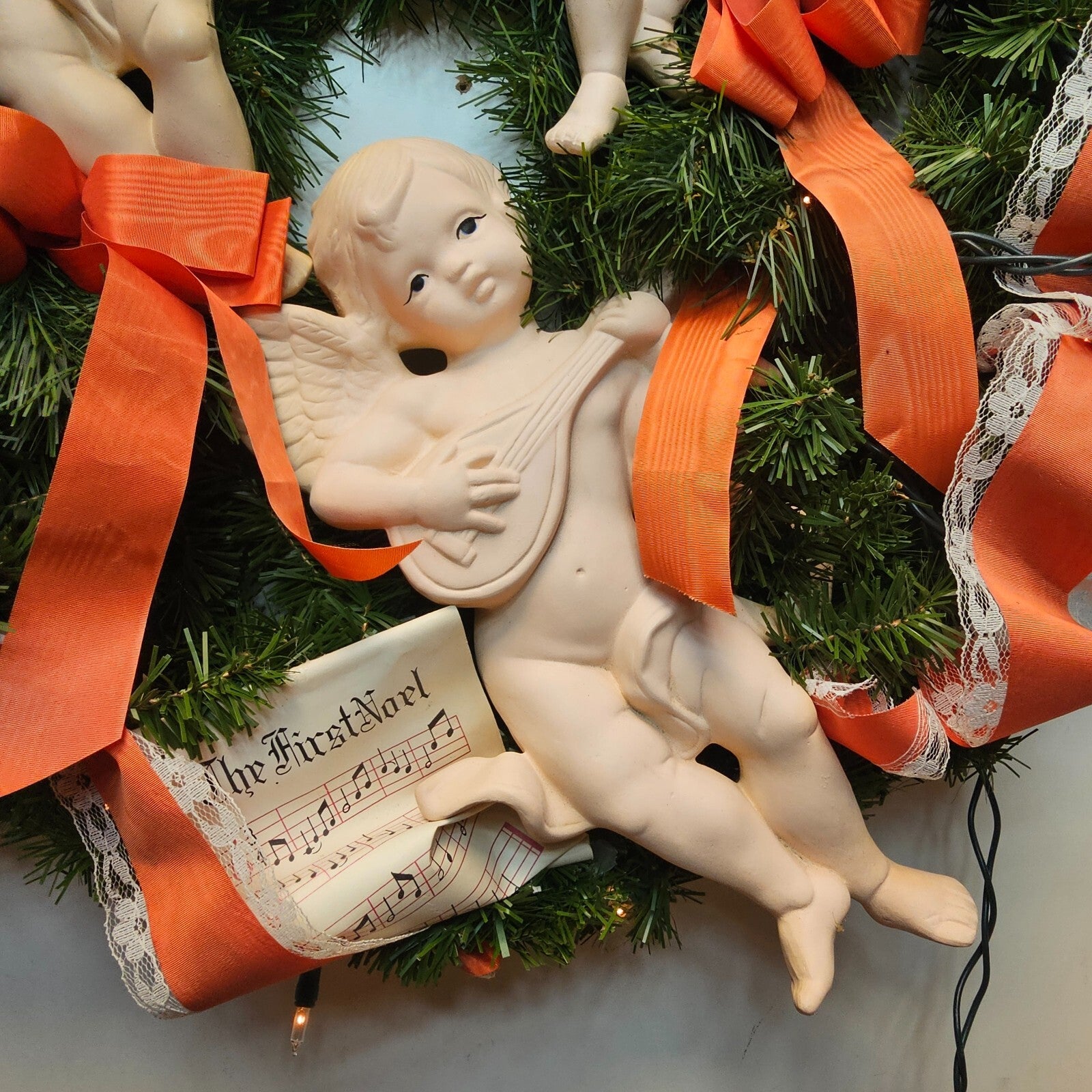 Christmas Wreath Sign 27” Diameter With 5 Bisque Angels.