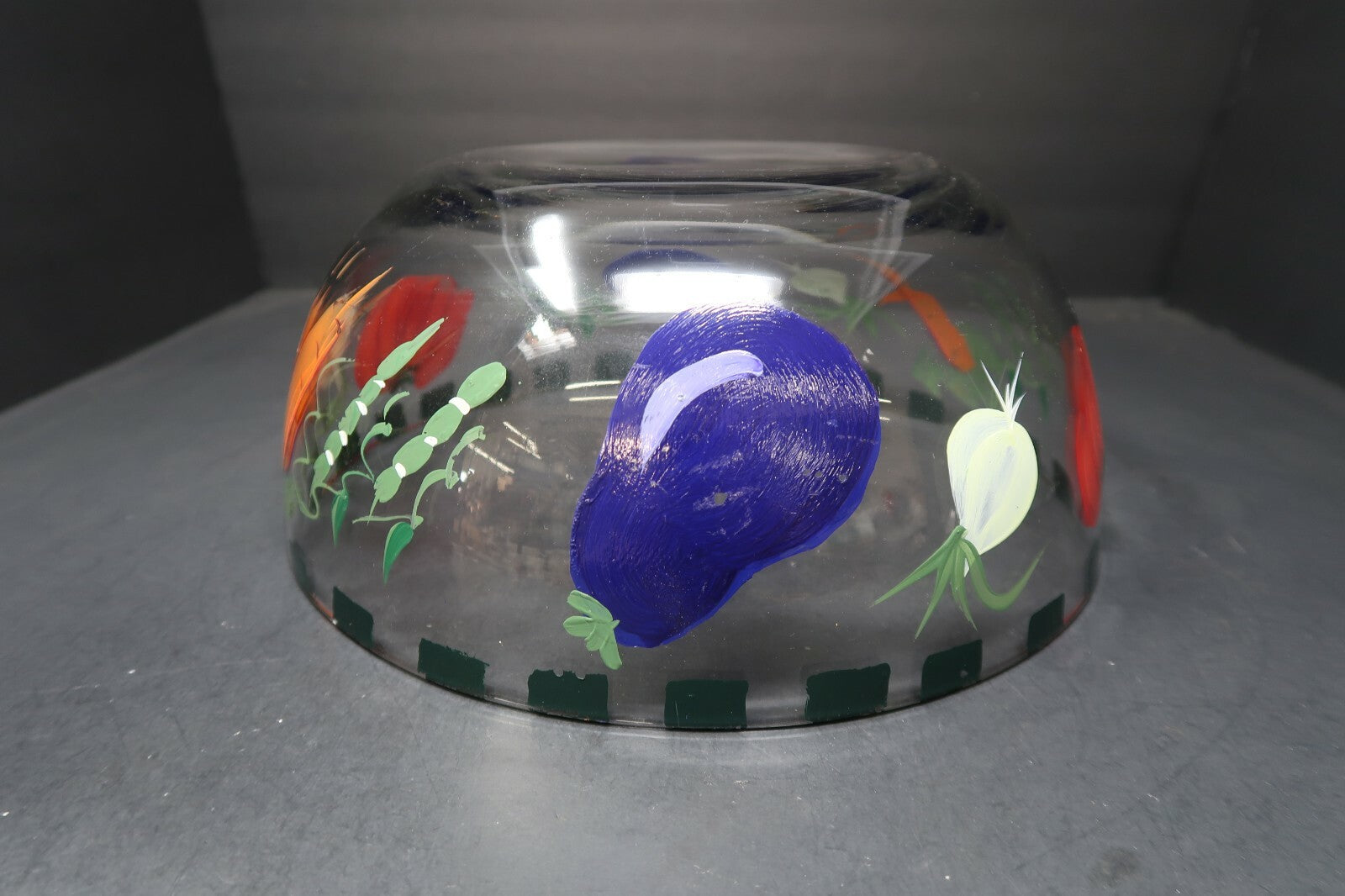 Clear Glass Salad Bowl With Hand Painted Vegetables 11" x 11" x 5"