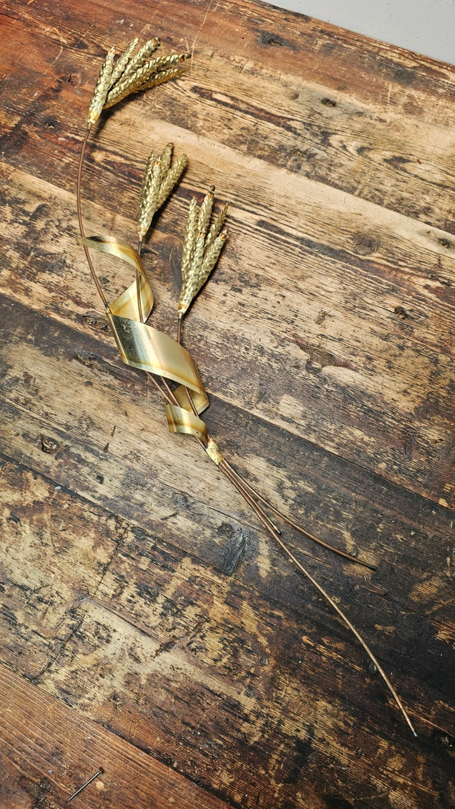 Vintage 70's Brass Metal Wheat Wall Hanging Art 29"H