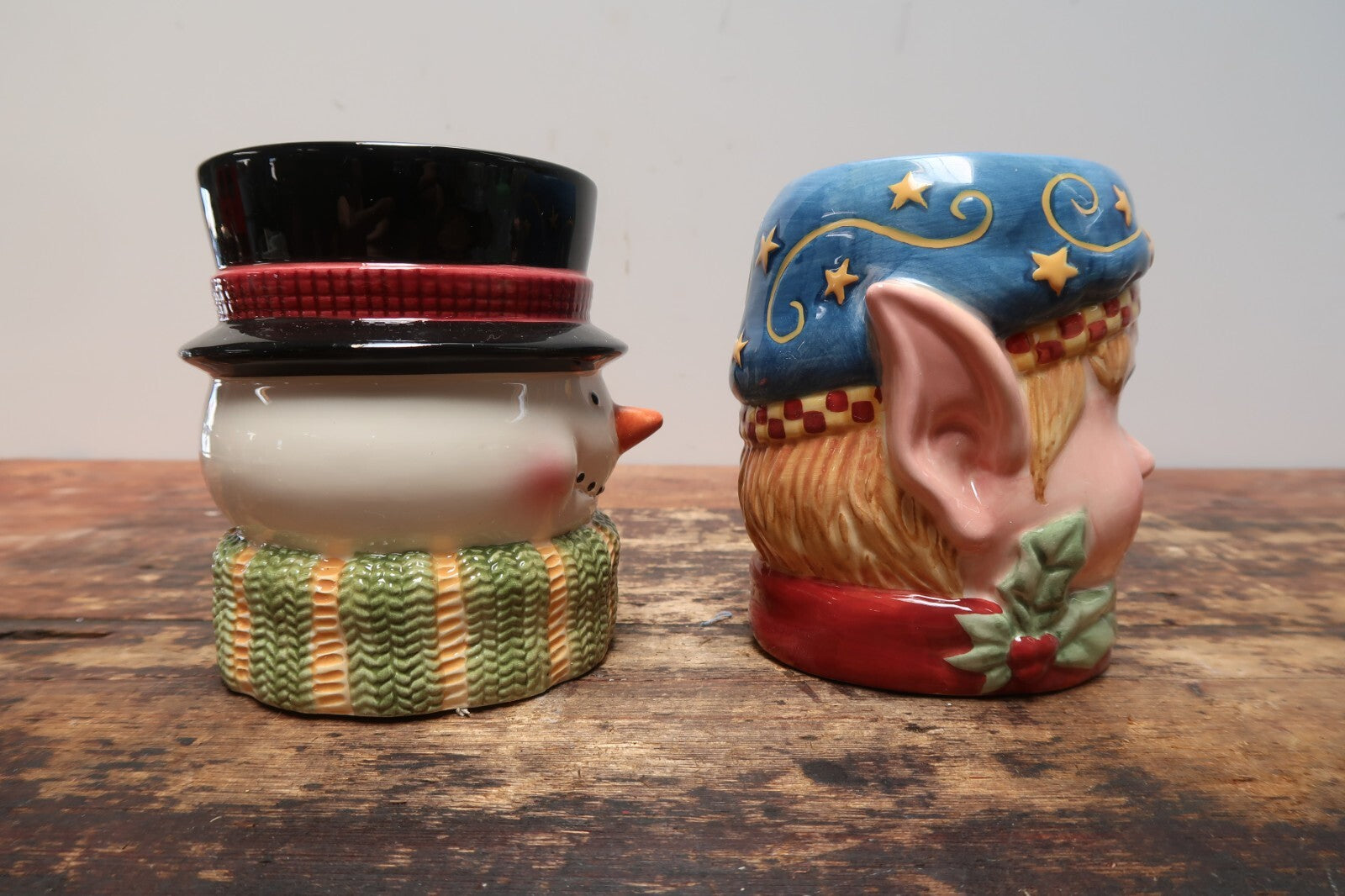 Set of 2 Tis The Season Holiday Ceramic Mug Snowman & Elf 20 oz.