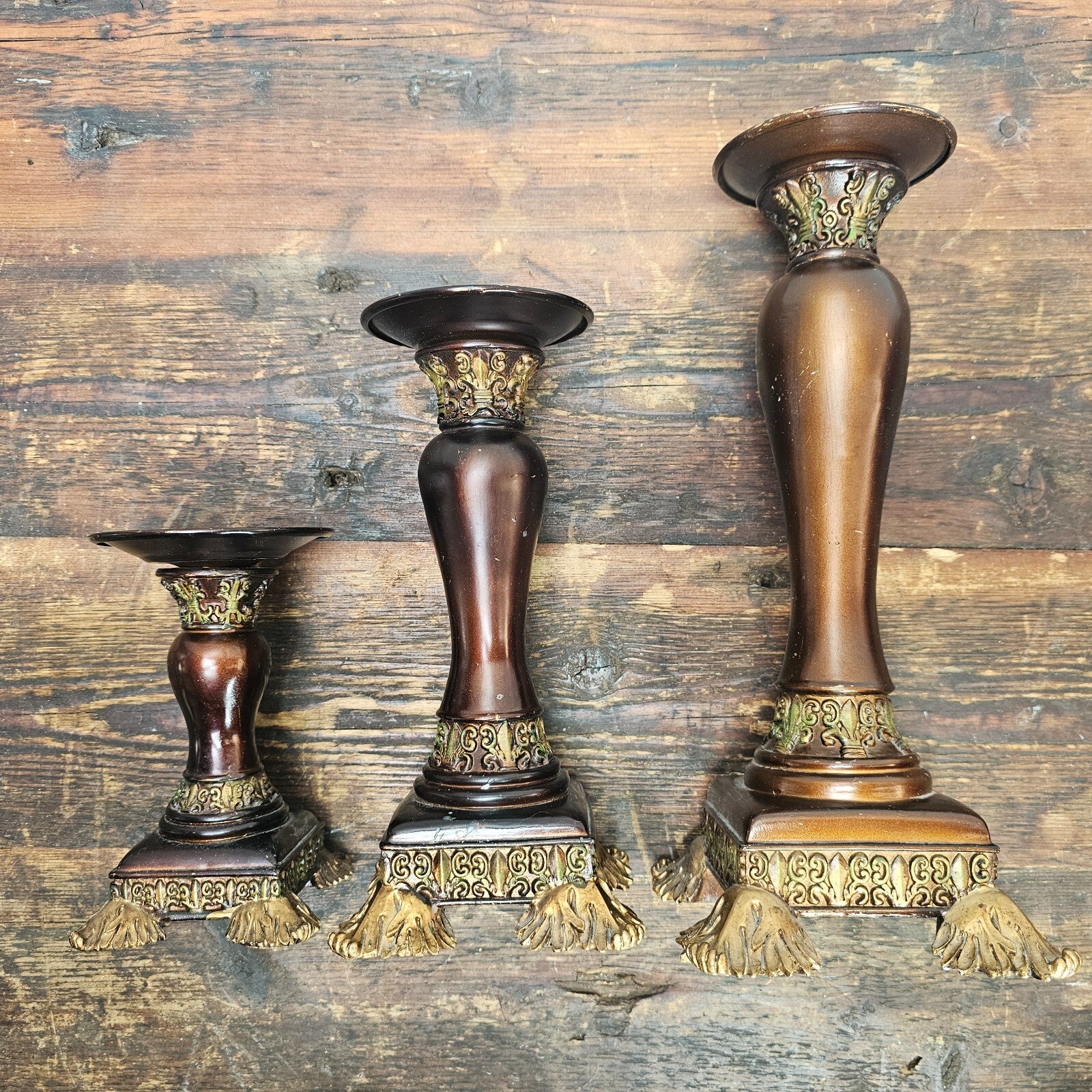 Set of 3 Ornate Resin Candle Holders With Metal Candle Drip Tray