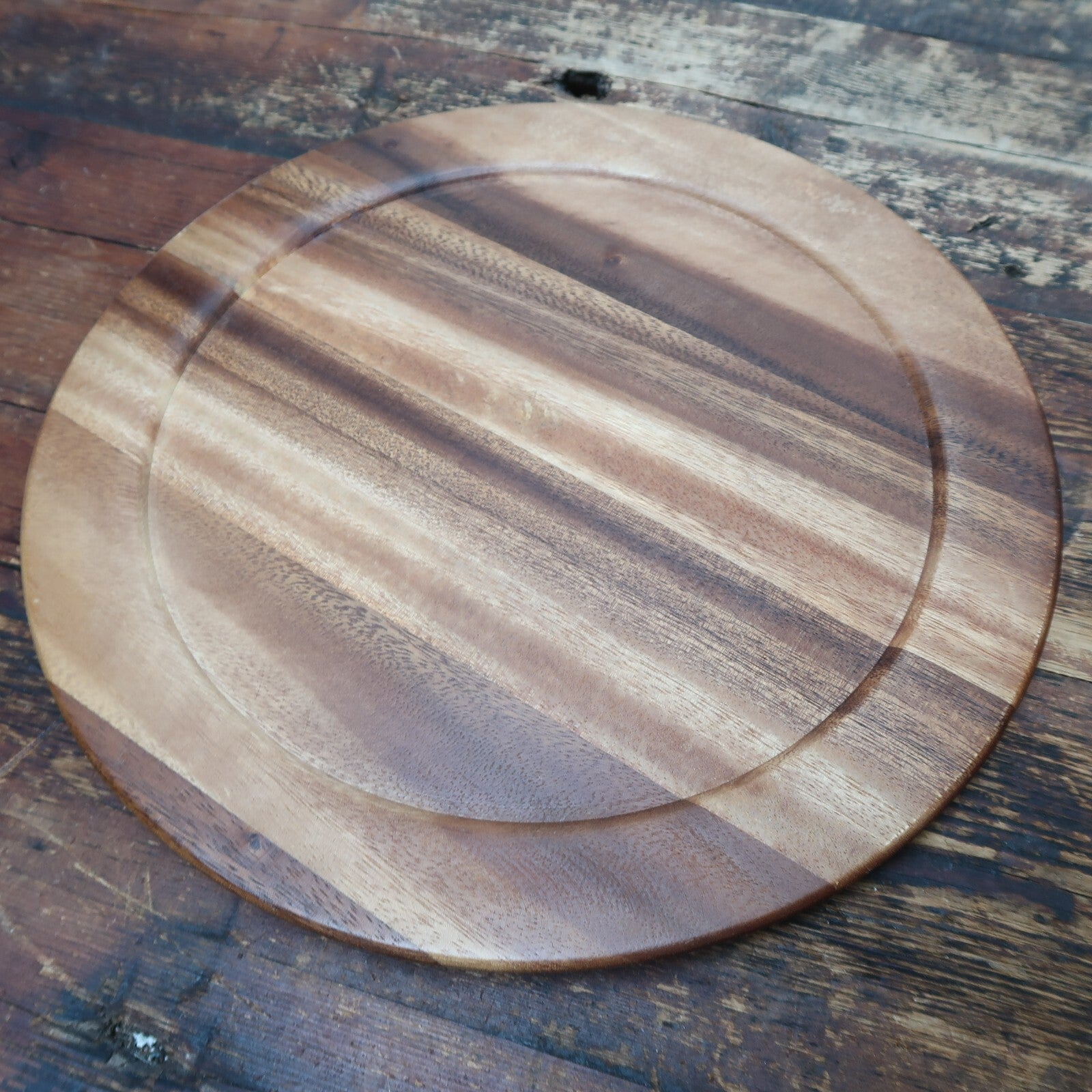 Acacia Wood Round Wood Plates 13" with 2" Wide Lip (Set of 5) NOS