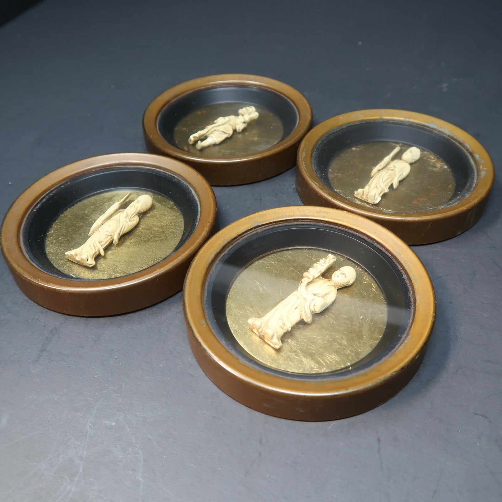 Lot of 4 Vintage Coasters Chinese Immortal (神仙) Figure In each Coaster