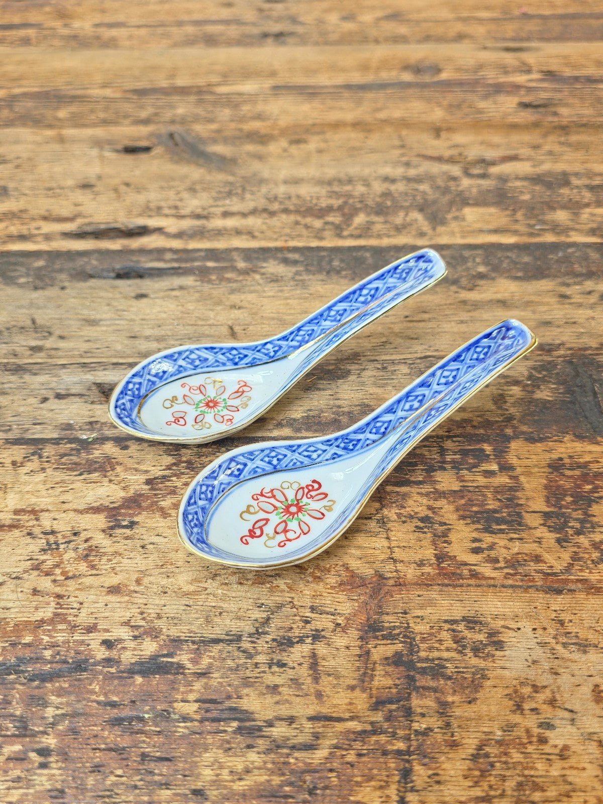 Vintage Chinese Porcelain Spoons Pair Blue White Red Gold, 5.5"