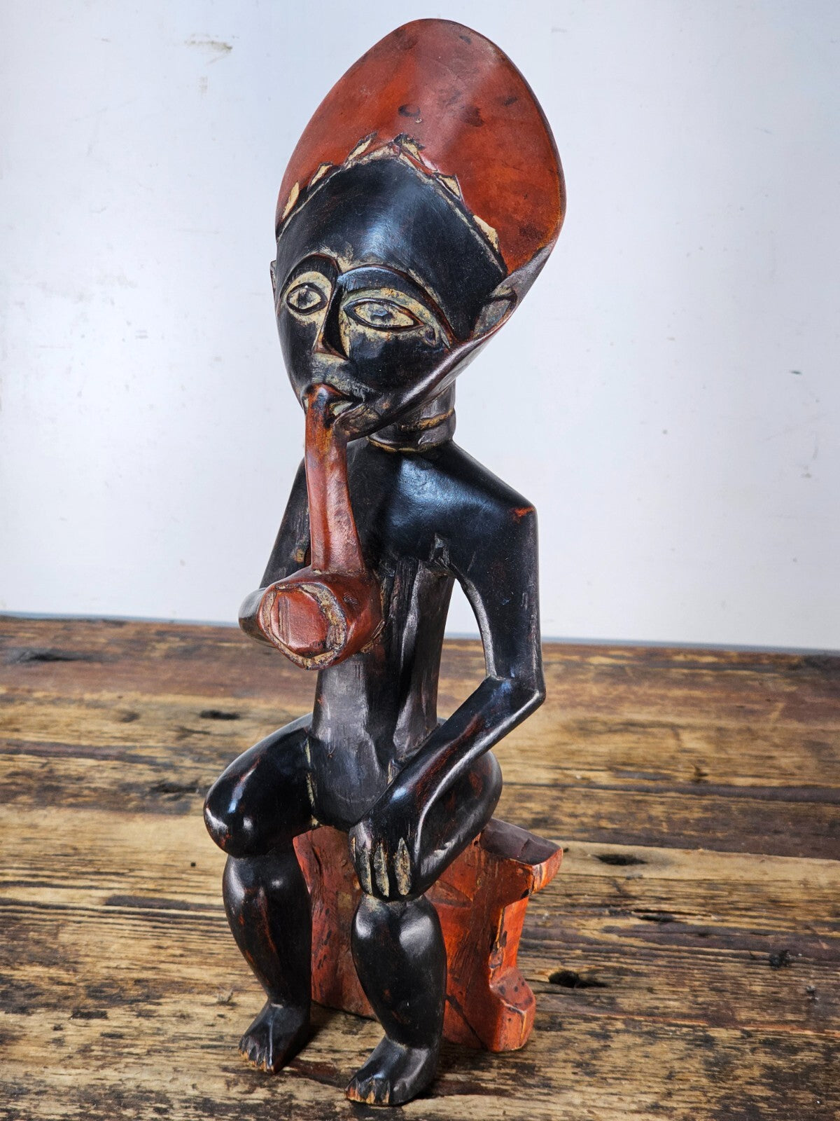 Ghana Ashanti Traditional Wooden Smoking Man Sculpture 13"H x 4.5"W x 3"D