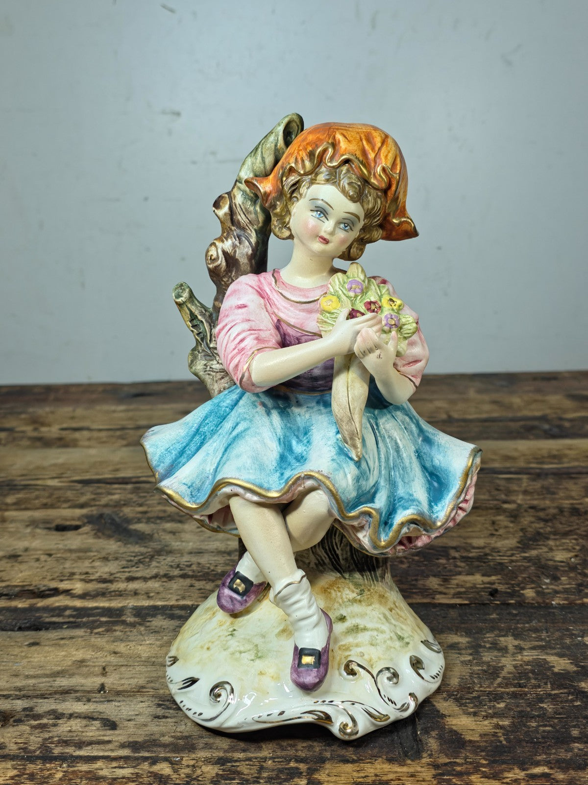 Vintage Italian Porcelain Girl Figurine — Capodimonte Style, Crown N Mark 10.5"T