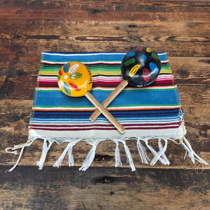 Vintage Mexican Folk Art Set - Pair of Maracas & Serape-Style Woven Placemat