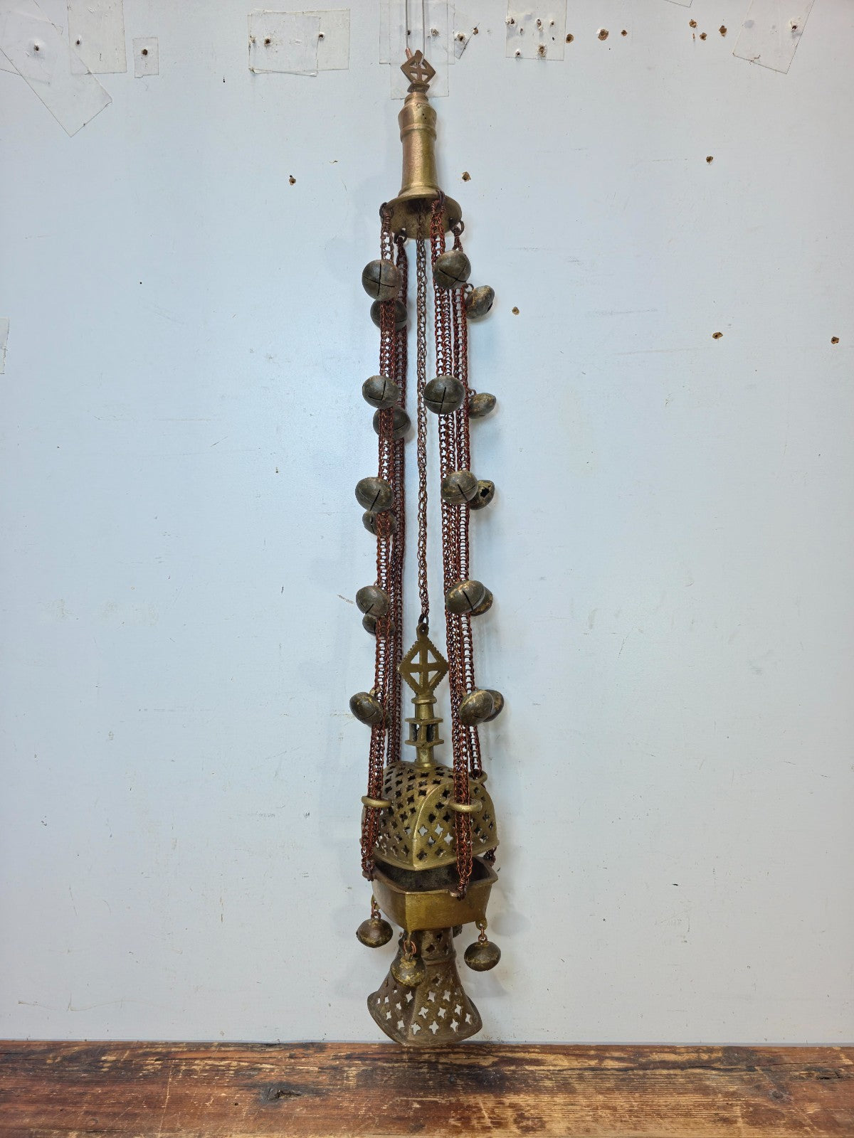 Vintage Ethiopian Coptic Brass Processional Incense Burner — 30" — Bells & Chain