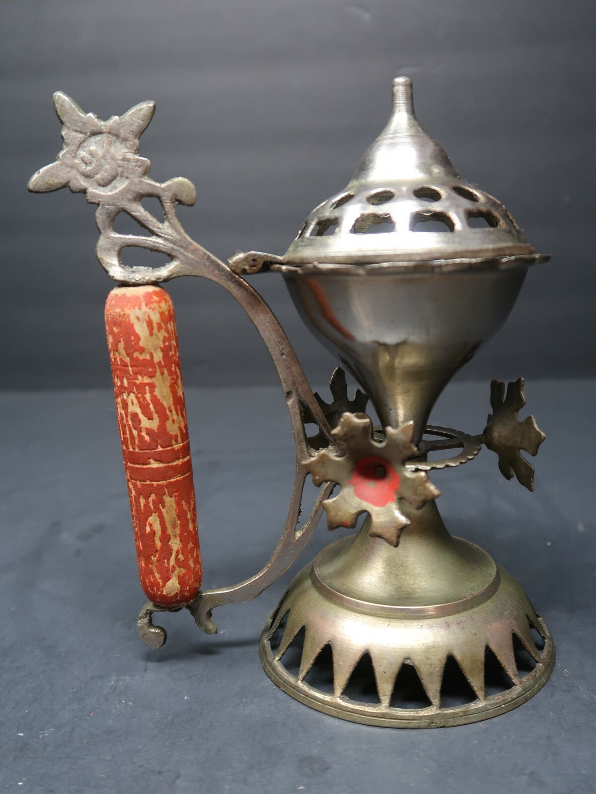Antique India Metal Incense Burner With Wooden Red Handle 7" Tall