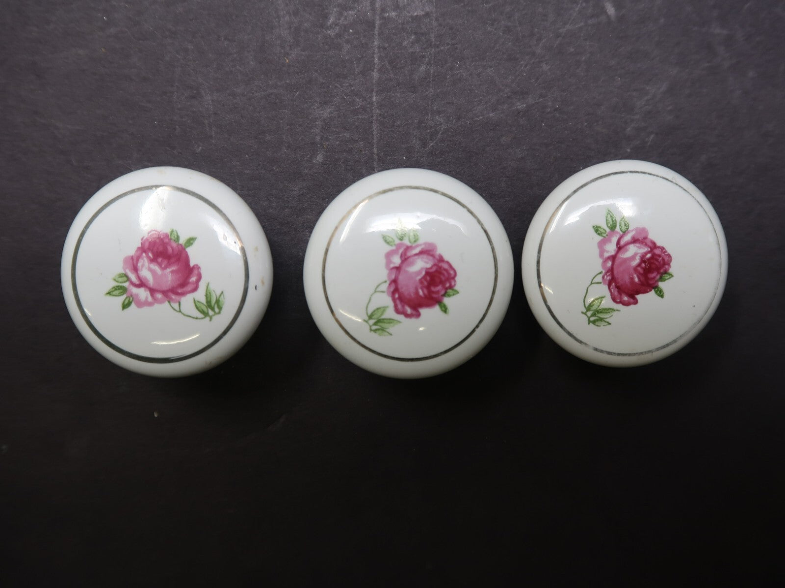 Set of 3 Vintage Round White Porcelain Cabinet Drawer Pulls Rose Japan Made (A)