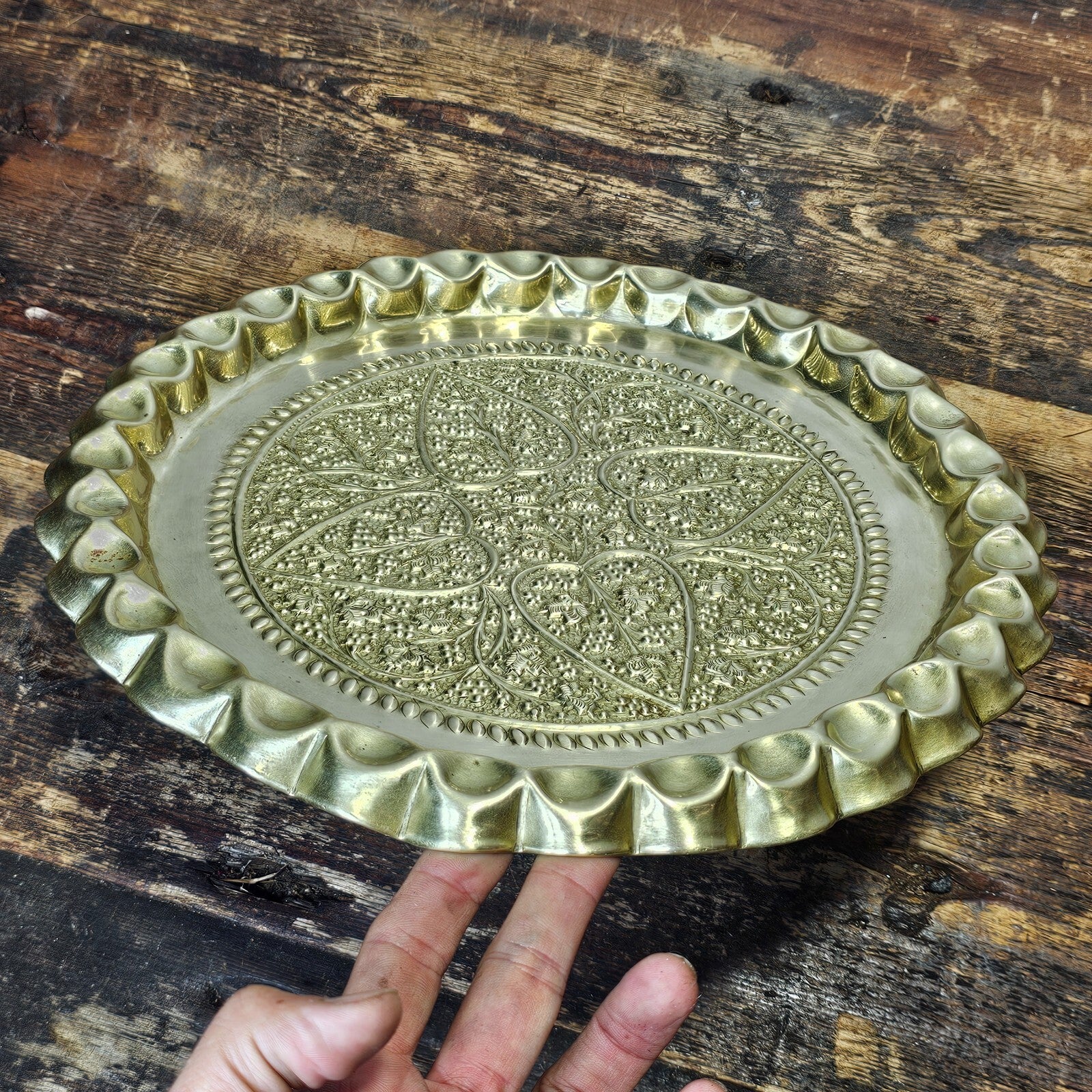 Moroccan Hammered Embossed & Engraved Brass Tray Platter 12.5'' Round