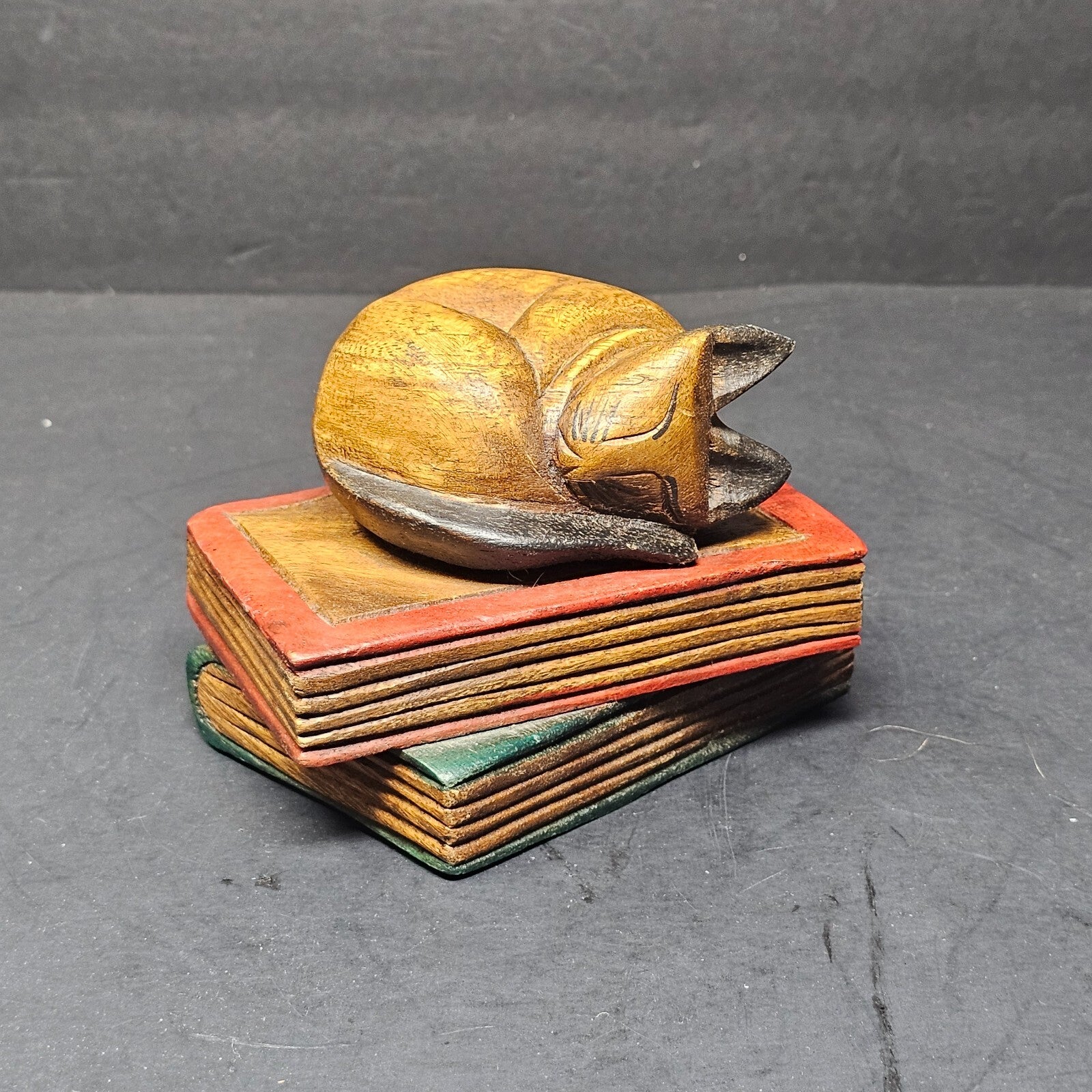 Vintage Mandalay Box Co. Cat Sleeping On Books 5" x 4" x 4"H