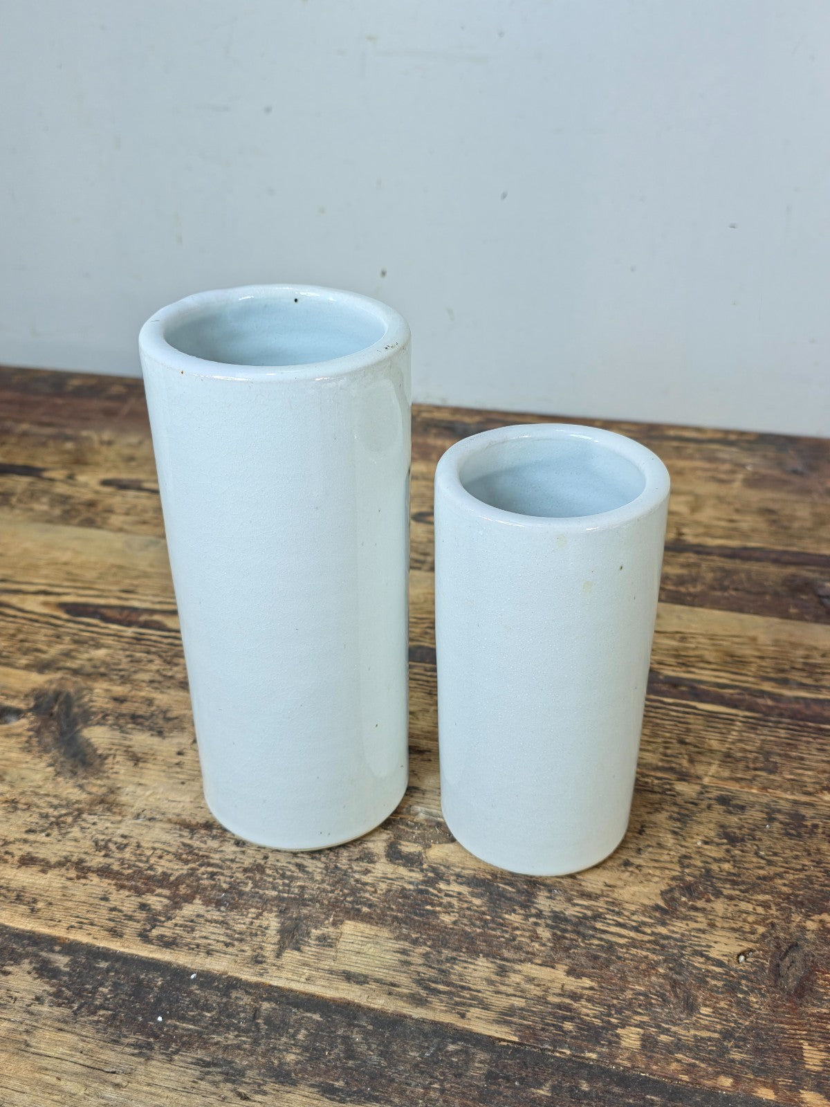 Signed Studio Pottery Vase Pair White Crackle Glaze Cylinders Modernist Style