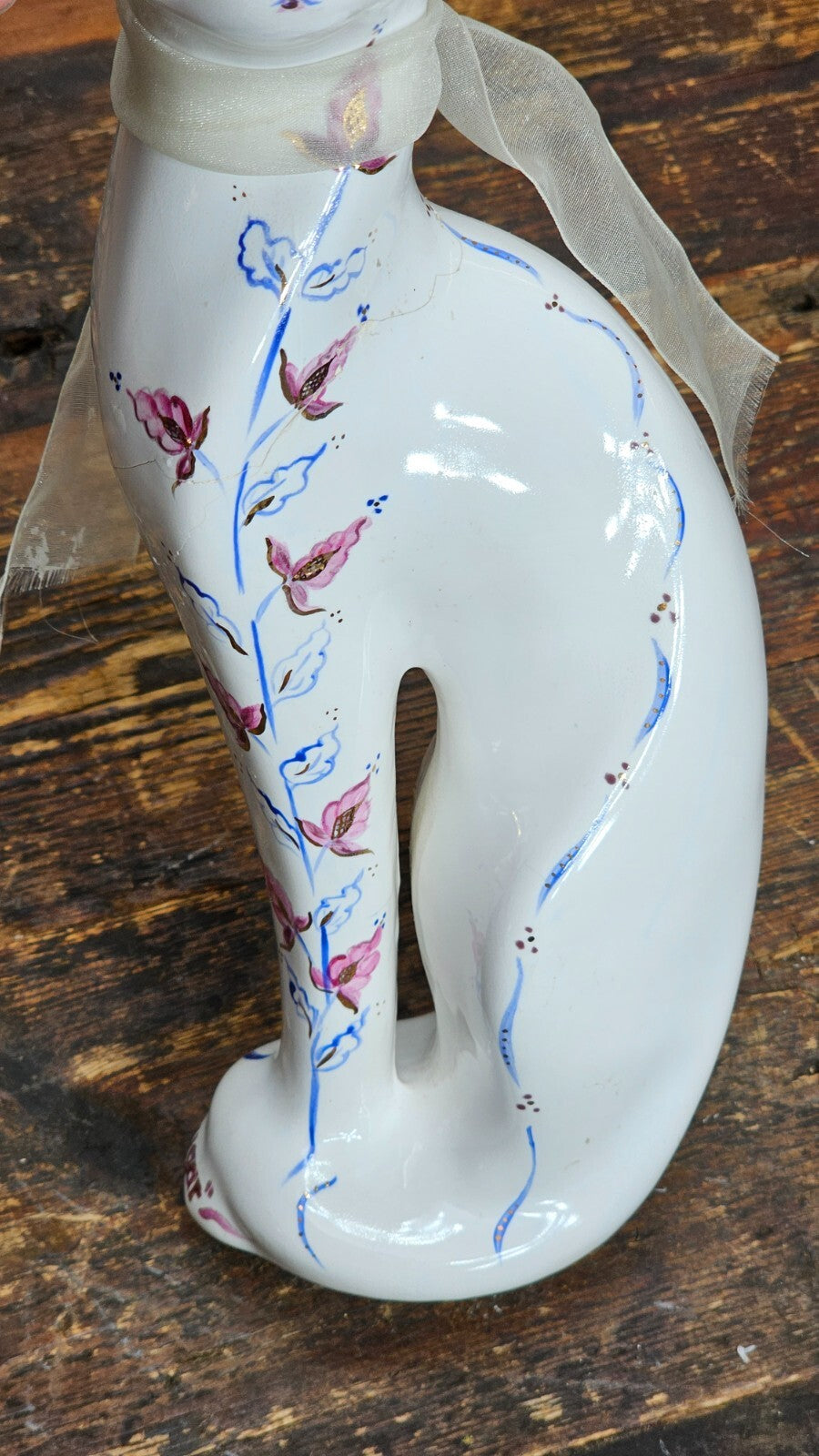 Vintage Porcelain Cat Figurine Hand-Painted Floral Signed 12" H (Has Damages)