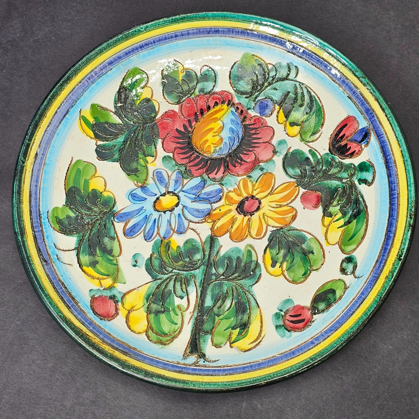 Firenze Pottery Plate Engraved Floral Wall Hanging Decor Italy 10.75"
