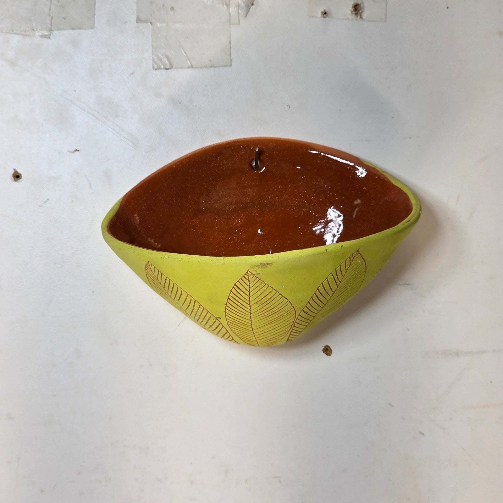 Handmade Terracotta Wall Pocket / Wall Planter (Light Yellow, Leaf Motif)