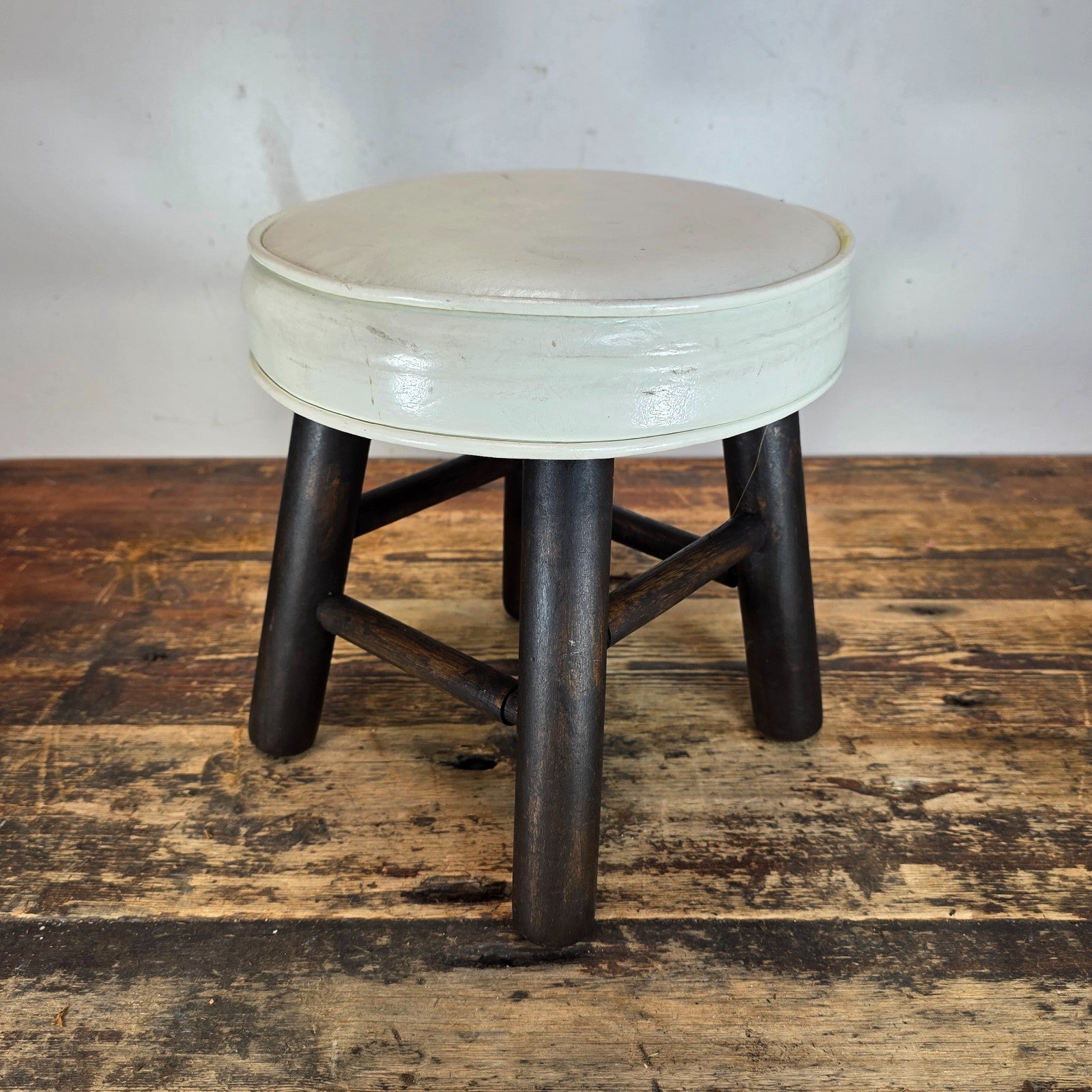 Vintage Wooden Stool with White Cushion (Continental Seat, Inc.) 10"Dia x 10.5"H