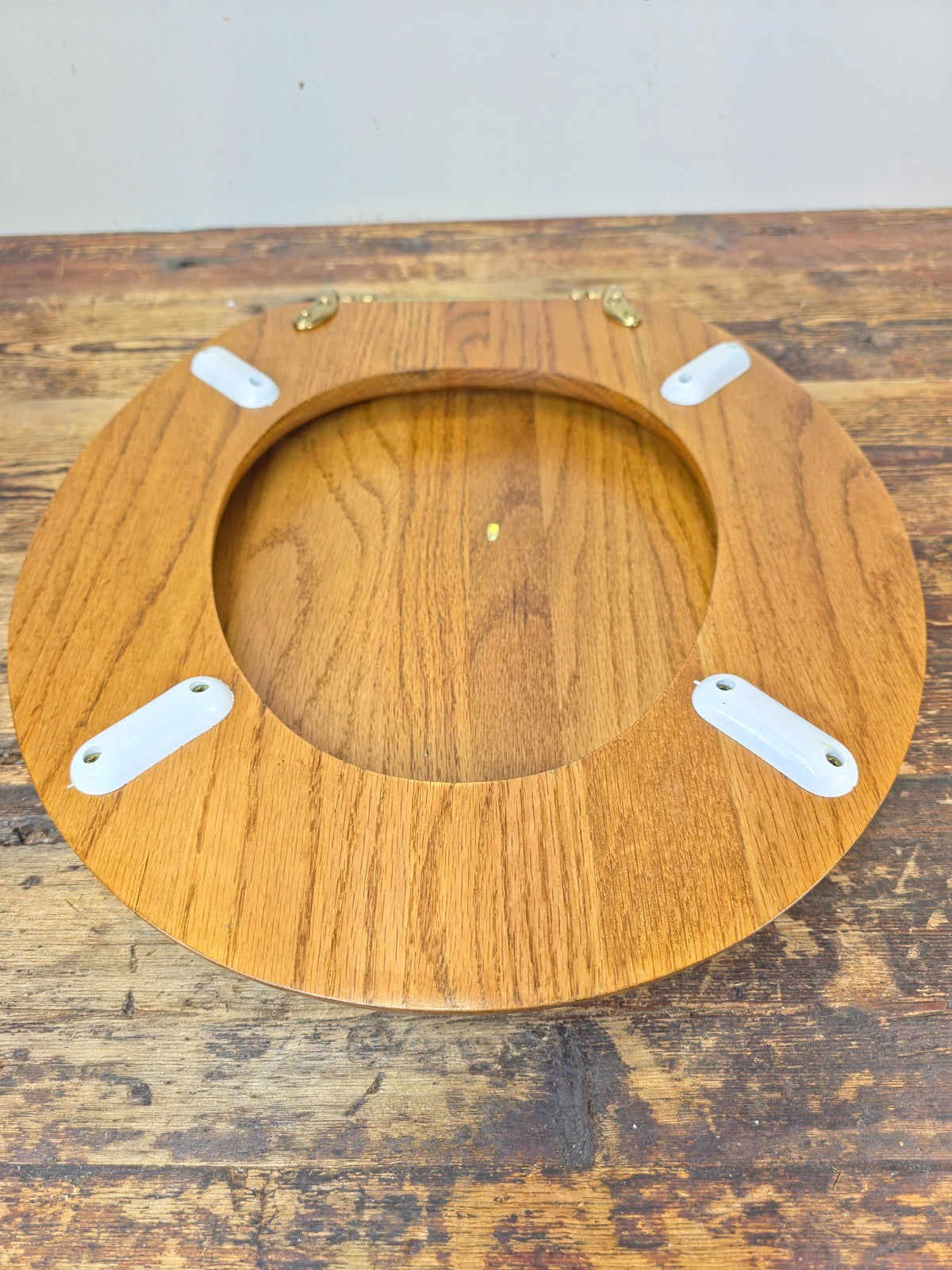Vintage Solid Oak Toilet Seat w/ Brass Hinges “C.S.” Mark – Made in Taiwan R.O.C