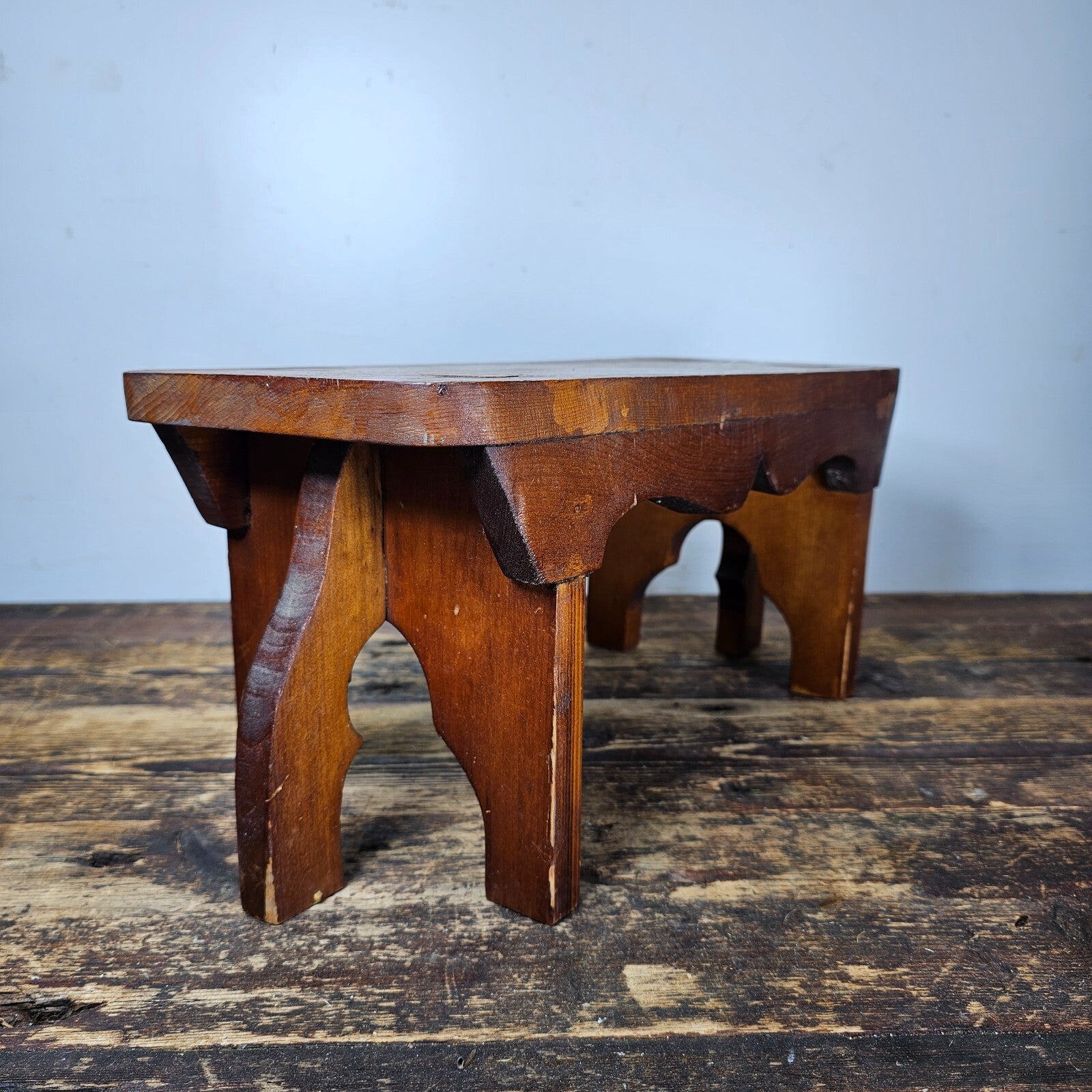Vintage Arts and Crafts Style Handmade Vernacular Boarded Stool Signed 1970s