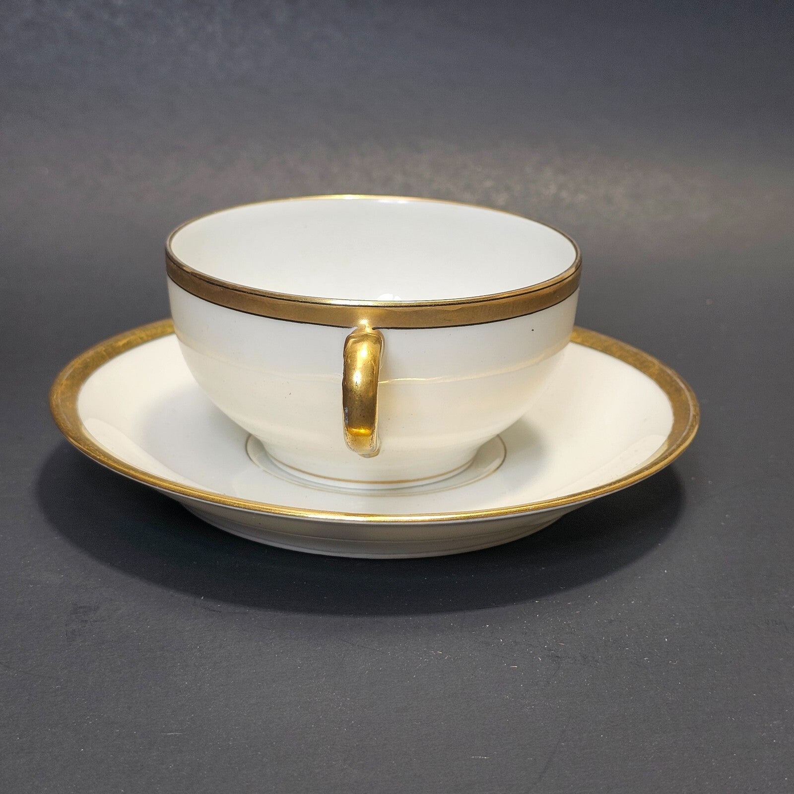 Theodore Haviland Limoges France Teacup Saucer & Fruit Bowl Set White Gold Trim