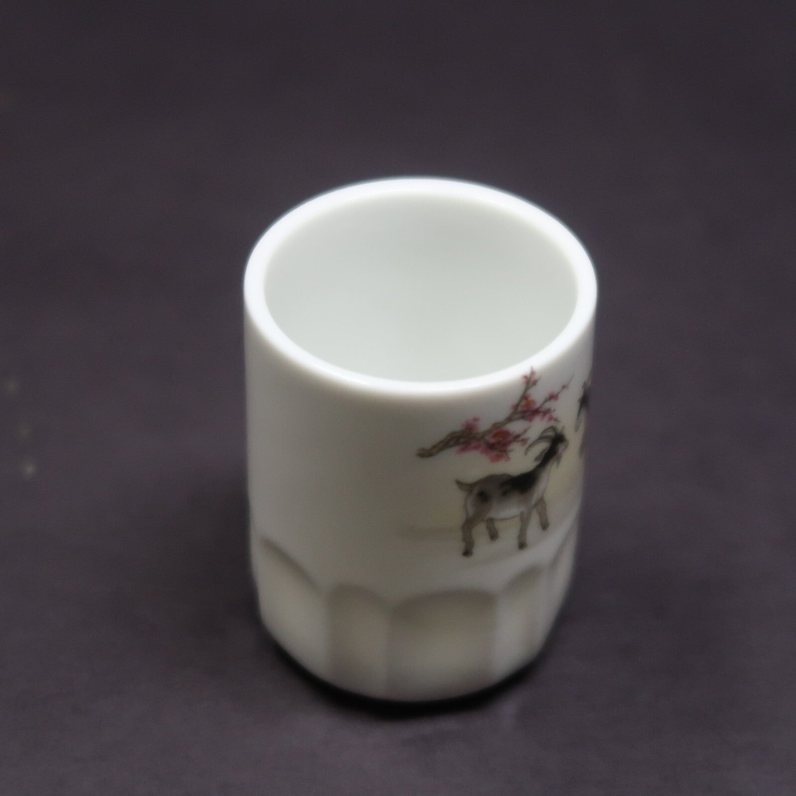 White Ceramic Shot Glass Goats & Chinese Proverbs H 2"
