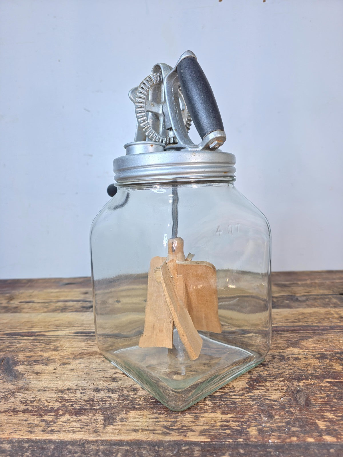 Vintage 4-Quart Glass Butter Churn with Hand-Crank Gear — FC Marked