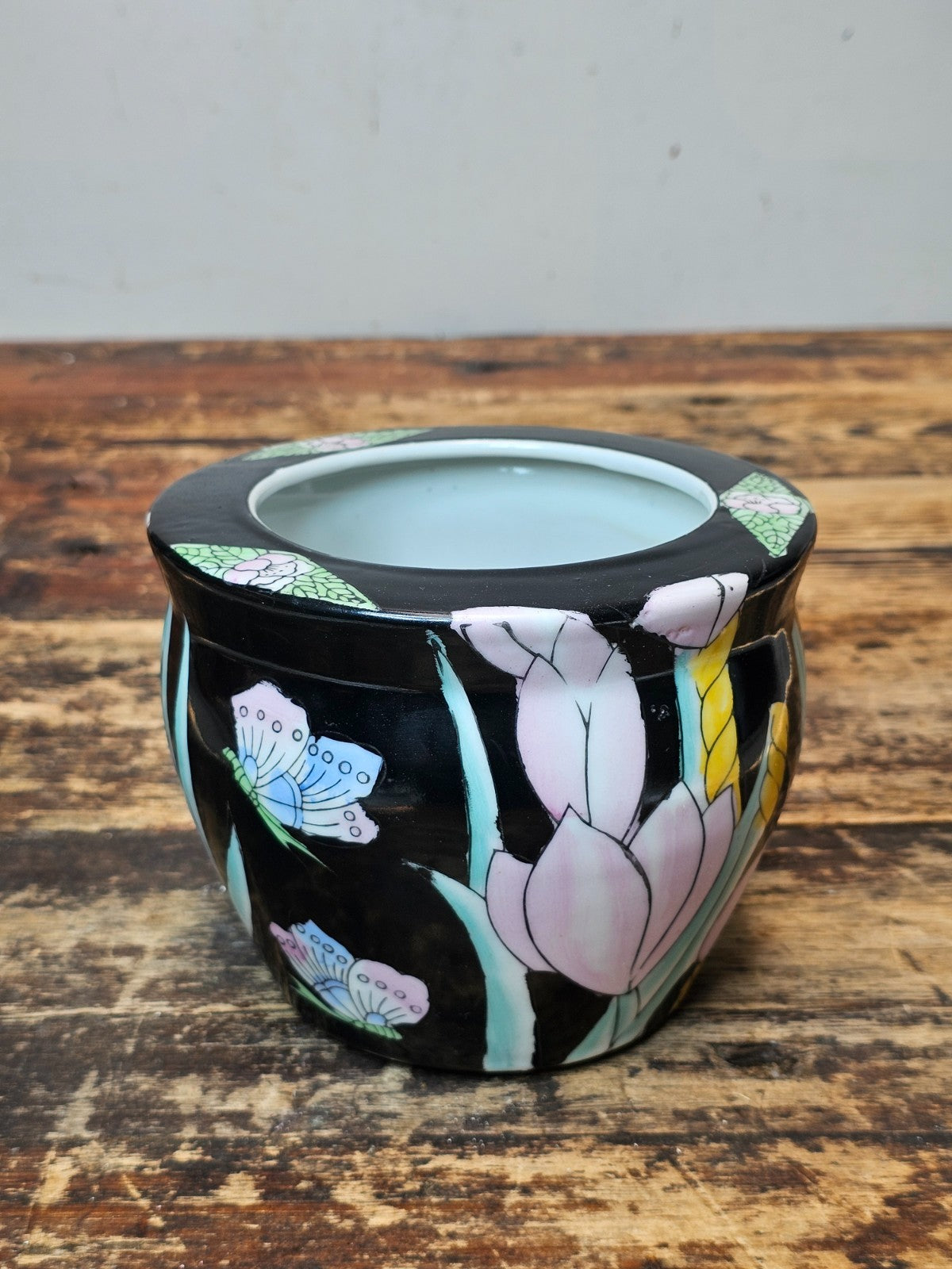 Vintage Ceramic Planter | Pastel Floral & Butterfly Motif 6" Dia. x 5" H
