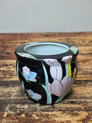 Vintage Ceramic Planter | Pastel Floral & Butterfly Motif 6" Dia. x 5" H
