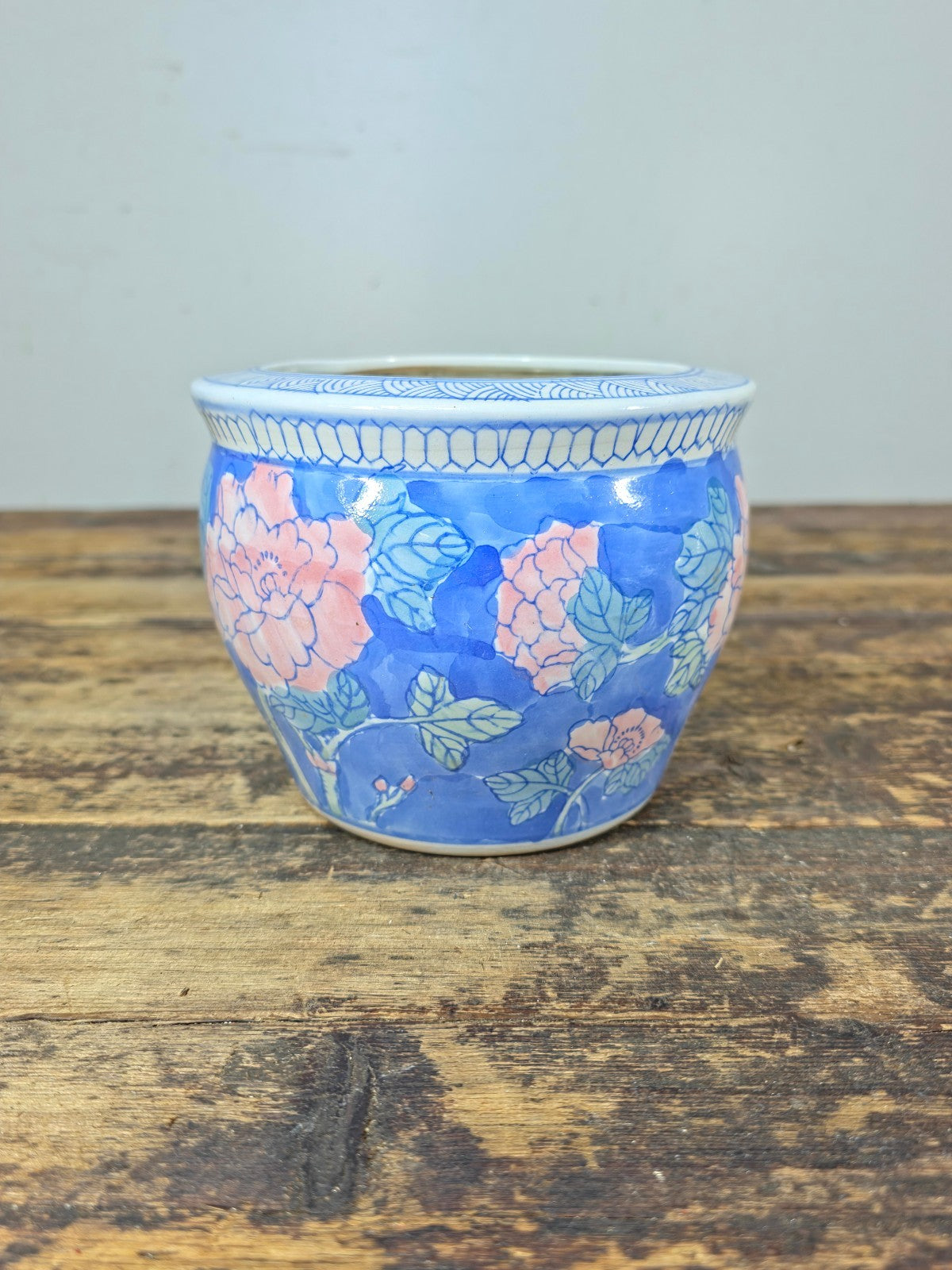 Chinese Porcelain Mini Fishbowl Planter – Blue & Pink Floral 6"Dia x 4.5"H