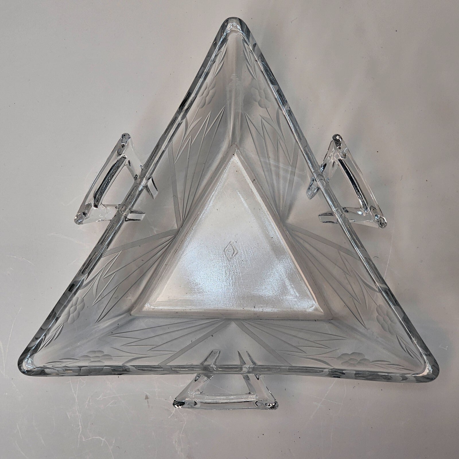 Heisey Etched Floral Clear Mint Dish Tri Handled Triangle Glass Bon Bon No Lid