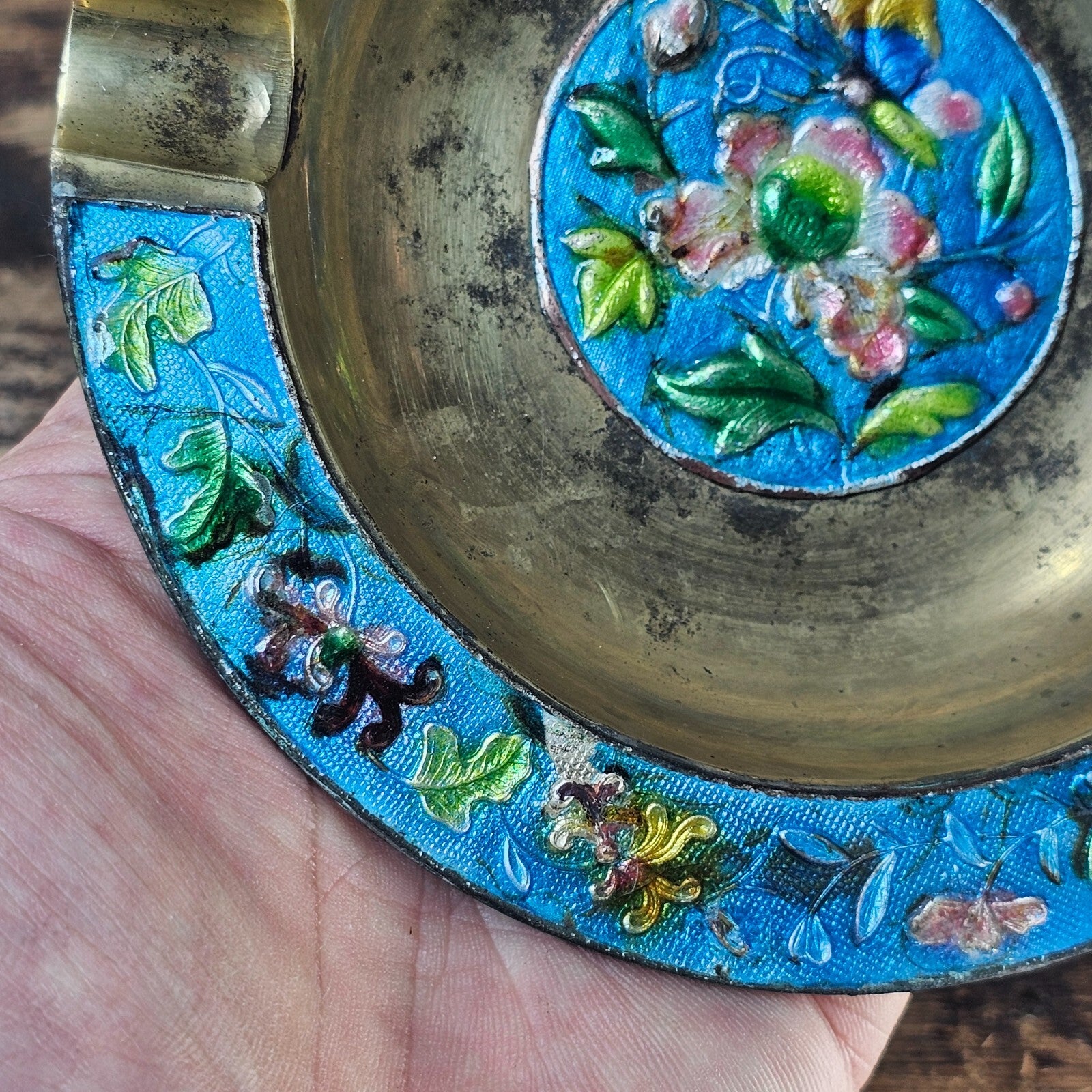 Vintage Chinese Cloisonné Enamel & Brass Ashtray | Ornate Floral Motif 5.25"