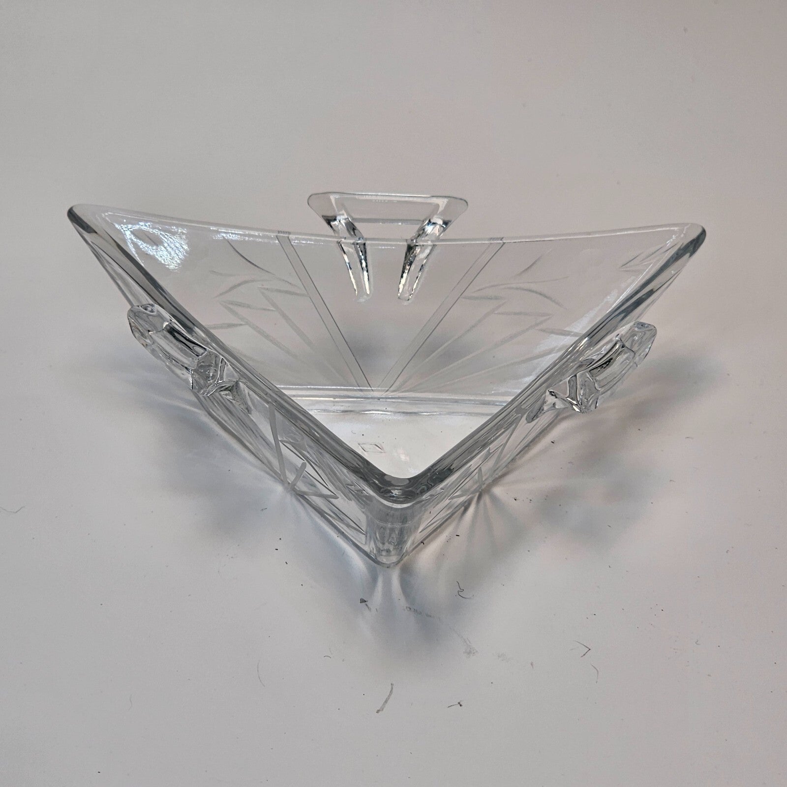 Heisey Etched Floral Clear Mint Dish Tri Handled Triangle Glass Bon Bon No Lid