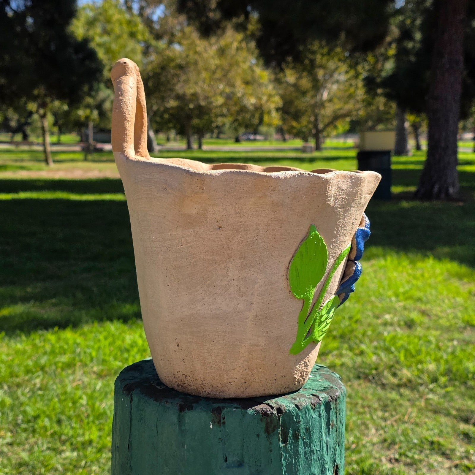 Vintage Atzompa Oaxaca Terracotta Wall Pocket Planter with Blue Flower