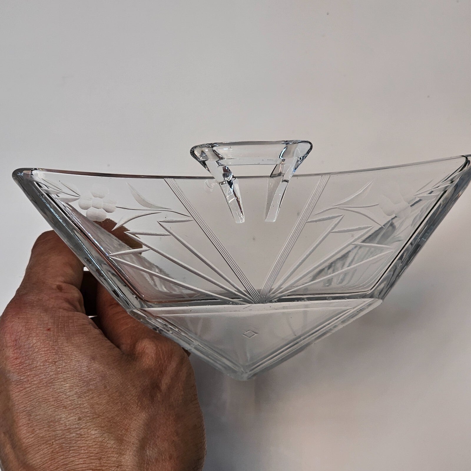 Heisey Etched Floral Clear Mint Dish Tri Handled Triangle Glass Bon Bon No Lid