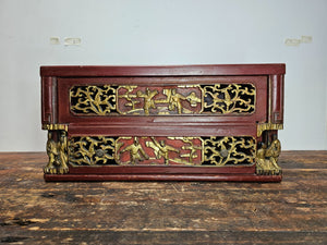Antique Chinese Red & Gilt Carved Wood Chest Box