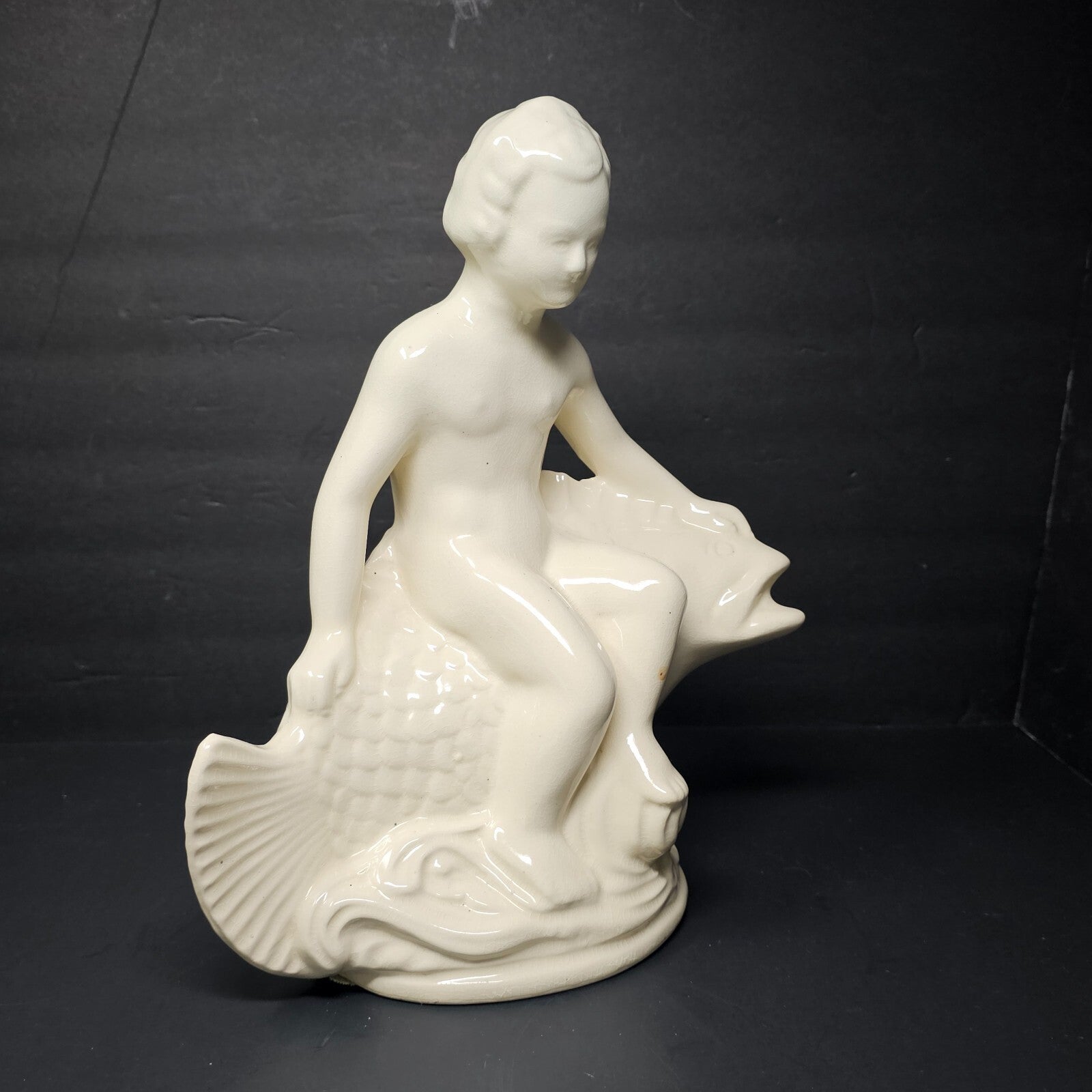 Pottery Statue By Robinson Ransbottom Boy Seated on Fish Bird Bath Insert 12.5"