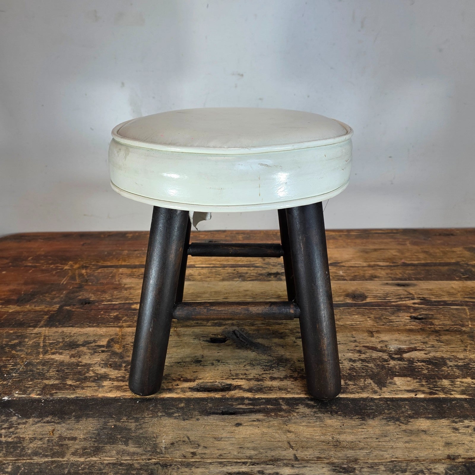 Vintage Wooden Stool with White Cushion (Continental Seat, Inc.) 10"Dia x 10.5"H